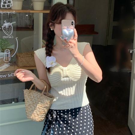 PF4092#夏装纯欲方领正肩T恤设计感蝴蝶结辣妹短款无袖上衣女多巴胺穿搭