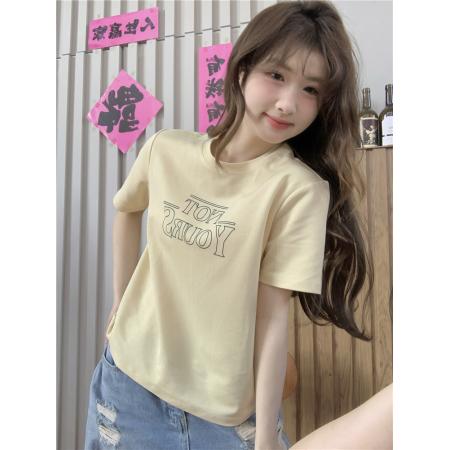 PF4094#百搭字母印花上衣字母圆领T恤女减龄复古体恤女