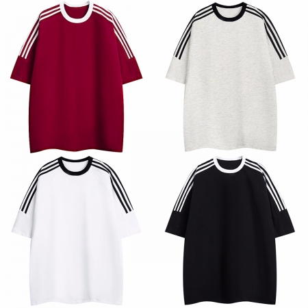 PF4589#后包领 100%棉宽松大码纯色百搭三条杠条纹潮牌短袖t恤女女裝批發 服裝批發 服裝貨源