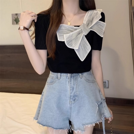 PF4701#原版做工法式方领蝴蝶结短袖t恤女夏款大码显瘦独特别致小衫女裝批發 服裝批發 服裝貨源