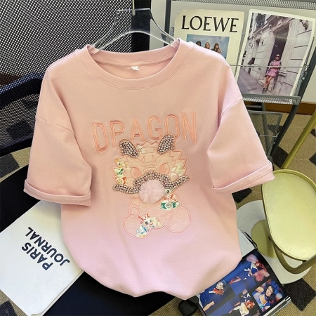 PF4702#26支纯棉粉色重工短袖龙年t恤女2024新款宽松设计感小众上衣女裝批發 服裝批發 服裝貨源