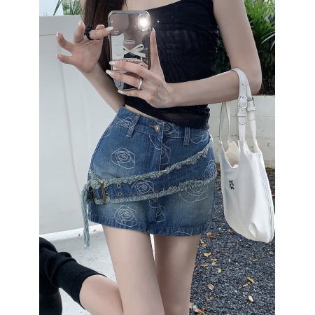 PF7586#复古高腰显瘦玫瑰牛仔半身裙女包臀A字短裙2024夏季新款