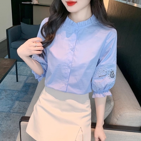 PF15495# 重工刺绣国风衬衫女夏装2024春季新款七分短袖T恤爆款上衣小个子女裝貨源服裝批發