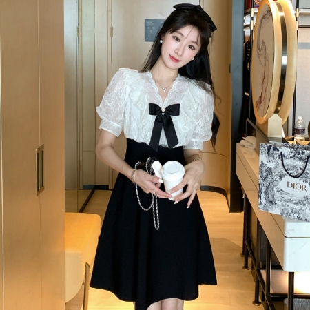 BY446#大码女装蕾丝泡泡袖裙子女夏季小香风连衣裙2024新款显瘦气质名媛