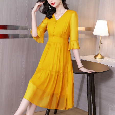 BY493#女夏季红色黄色新款高端气质收腰显瘦中年妈妈桑蚕丝连衣裙