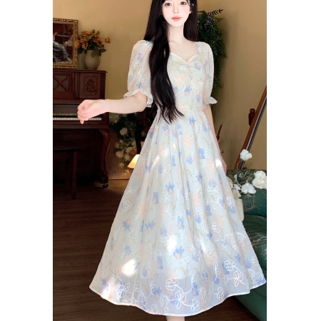BY664#显瘦仙女裙女中长款2024夏新款法式甜美温柔风泡泡袖连衣裙A字裙.