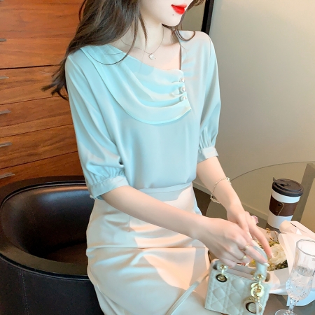 BY723#女装时尚设计感衬衫女士高档上衣洋气纯色小衫
