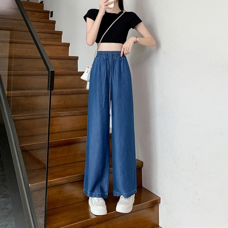 BY727#天丝牛仔裤女夏季薄款2024年新款春秋垂感宽松直筒阔腿冰丝裤