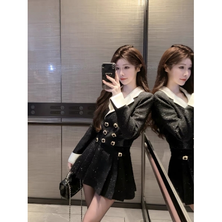 BY798#都市腔调秋冬千金风外套高腰短裙小香风两件套装裙女