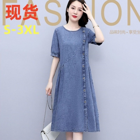 MY70244#天丝牛仔连衣裙女夏季薄款大码休闲洋气收腰显瘦时髦遮肚裙子