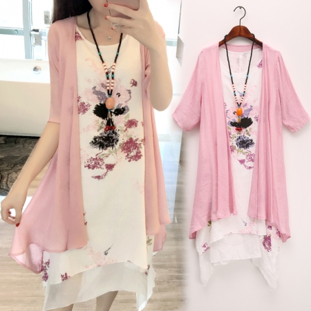 RY3343#胖mm夏季大码女装新款潮胖妹妹夏装套装显瘦棉麻连衣裙两件套