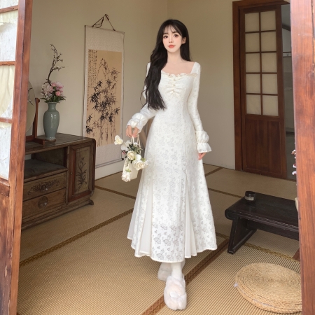 RY8311#女装法式气质温柔甜美风连衣裙加绒方领收腰显瘦裙子